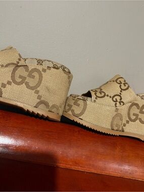 Gucci Tan GG Canvas Platform Slide Sandals